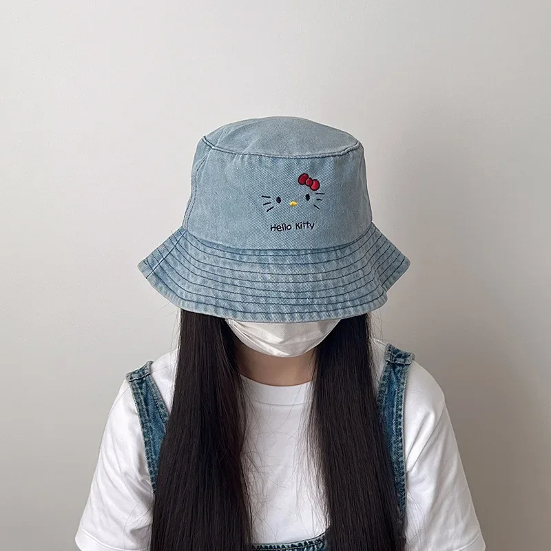 Fashion Hello Kitty Cute Knot Embroidered Fisherman Hat Anime Kawaii Girls Travel Sunshade Casual Sun Protection Denim Basin Cap