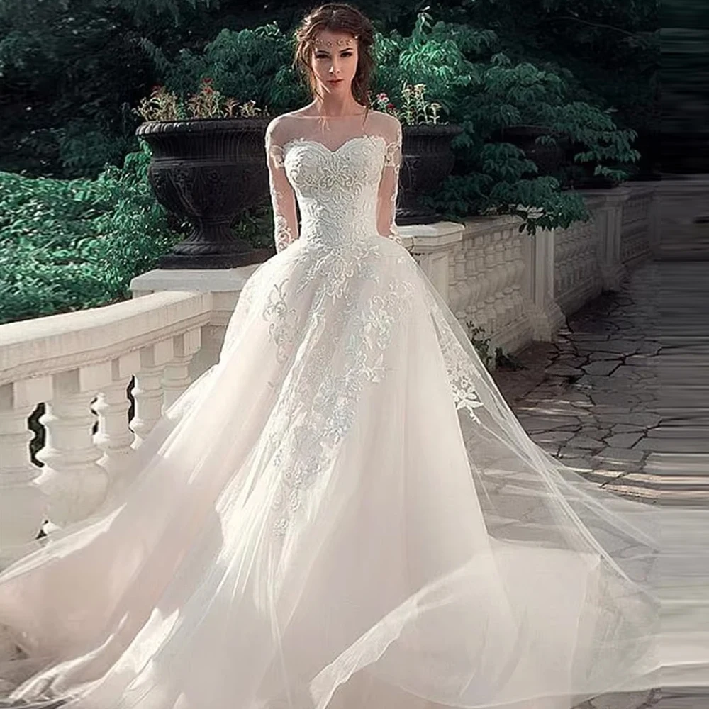 فستان زفاف دانتيل مطرز فاخر مخصص للمرأة العروس كم طويل تول تنورة فستان زفاف فيستدو