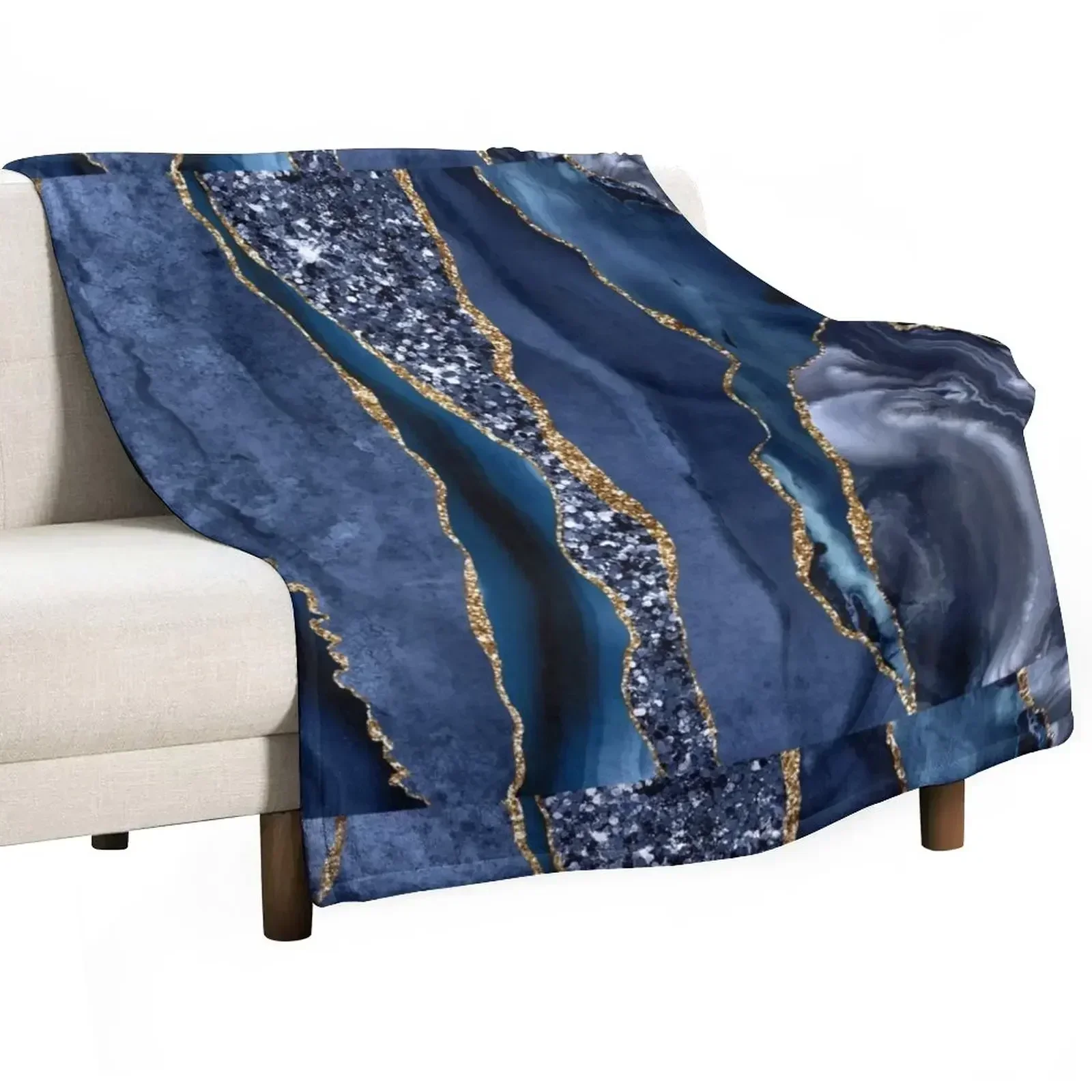 Abstract Blue and Gold Glitter Modern Geode Agate Design Throw Blanket Flannel Plaid Weighted Blankets For Sofas Blankets