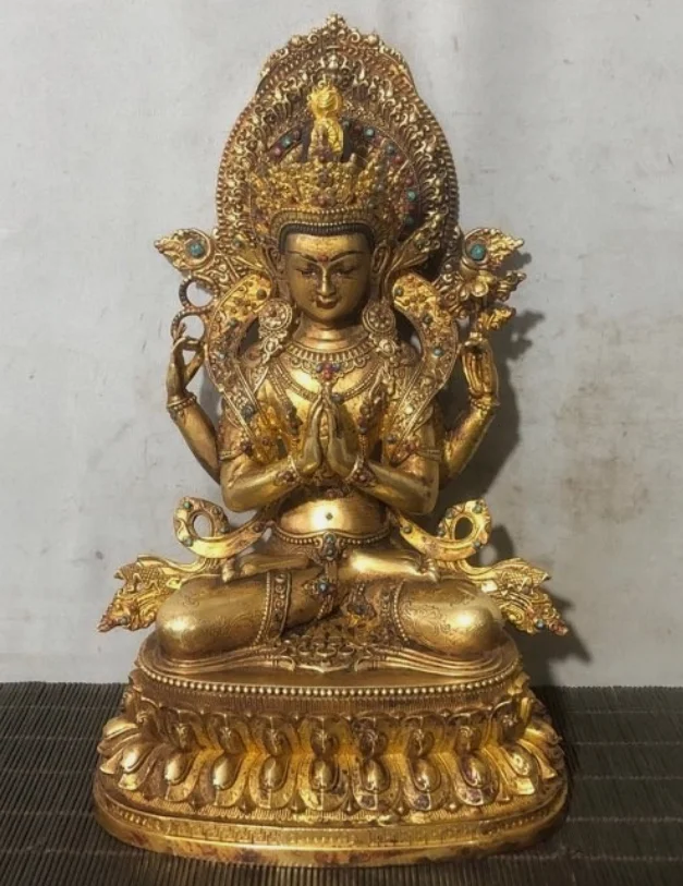 8.8'' Old Tibet Bronze Gilt Gems Tara Kwan-Yin GuanYin goddess buddha statue