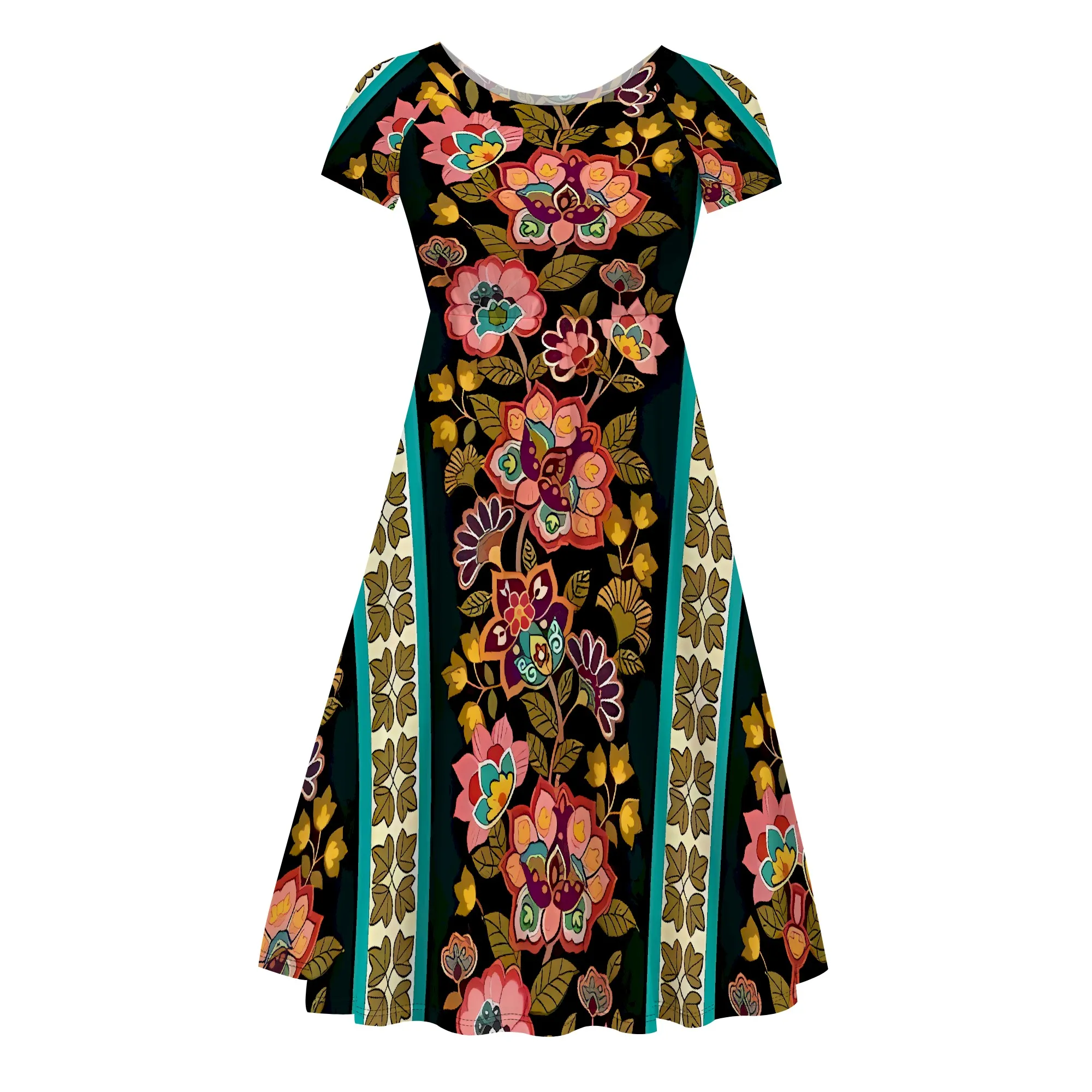 Nupusa Abito con stampa a righe floreali da donna Abito longuette estivo casual girocollo a maniche corte di taglia standard