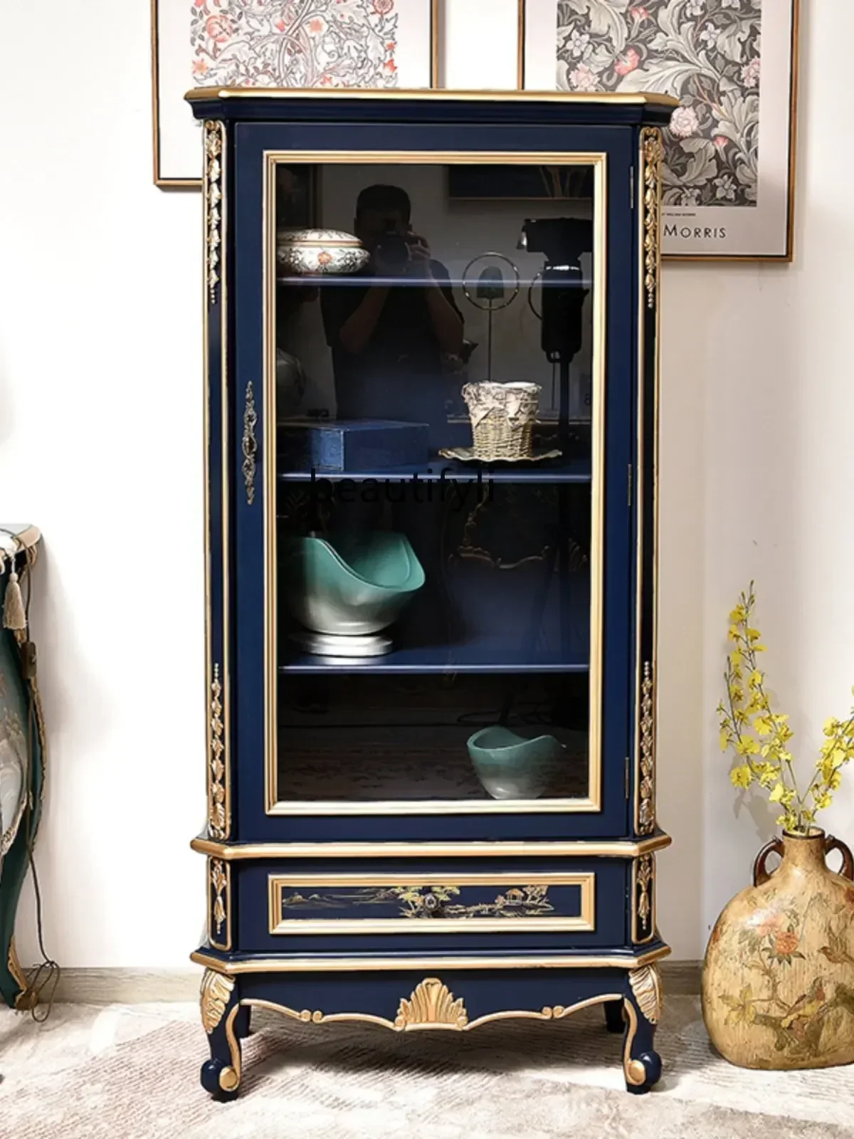 xxAmerican Country Wine Cabinet Blue Storage Solid Wood Glass Light Luxury Painted Display High Cabinet Sideboard CabinetK182