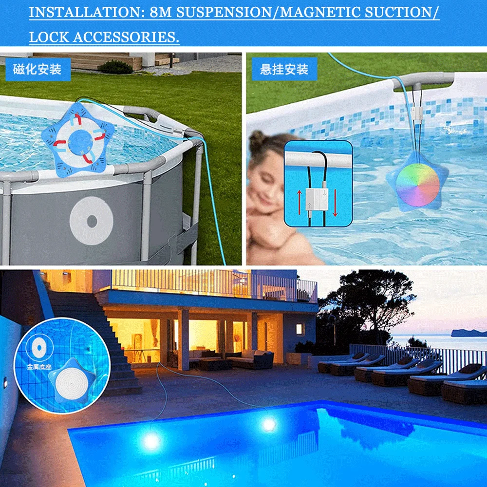 Luces subacuáticas RGB para piscina, lámpara LED de succión magnética IP67, 10M, 25W, Control por aplicación móvil, sin perforación, instalación