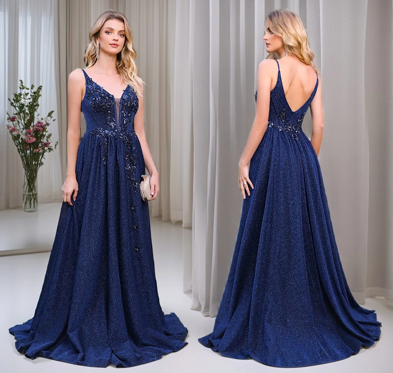 

MisShow Navy Blue Evening Dresses Spaghetti Straps Backless Illusion V-Neck Prom Dress Lace Appliques A-Line Maxi Train Gowns