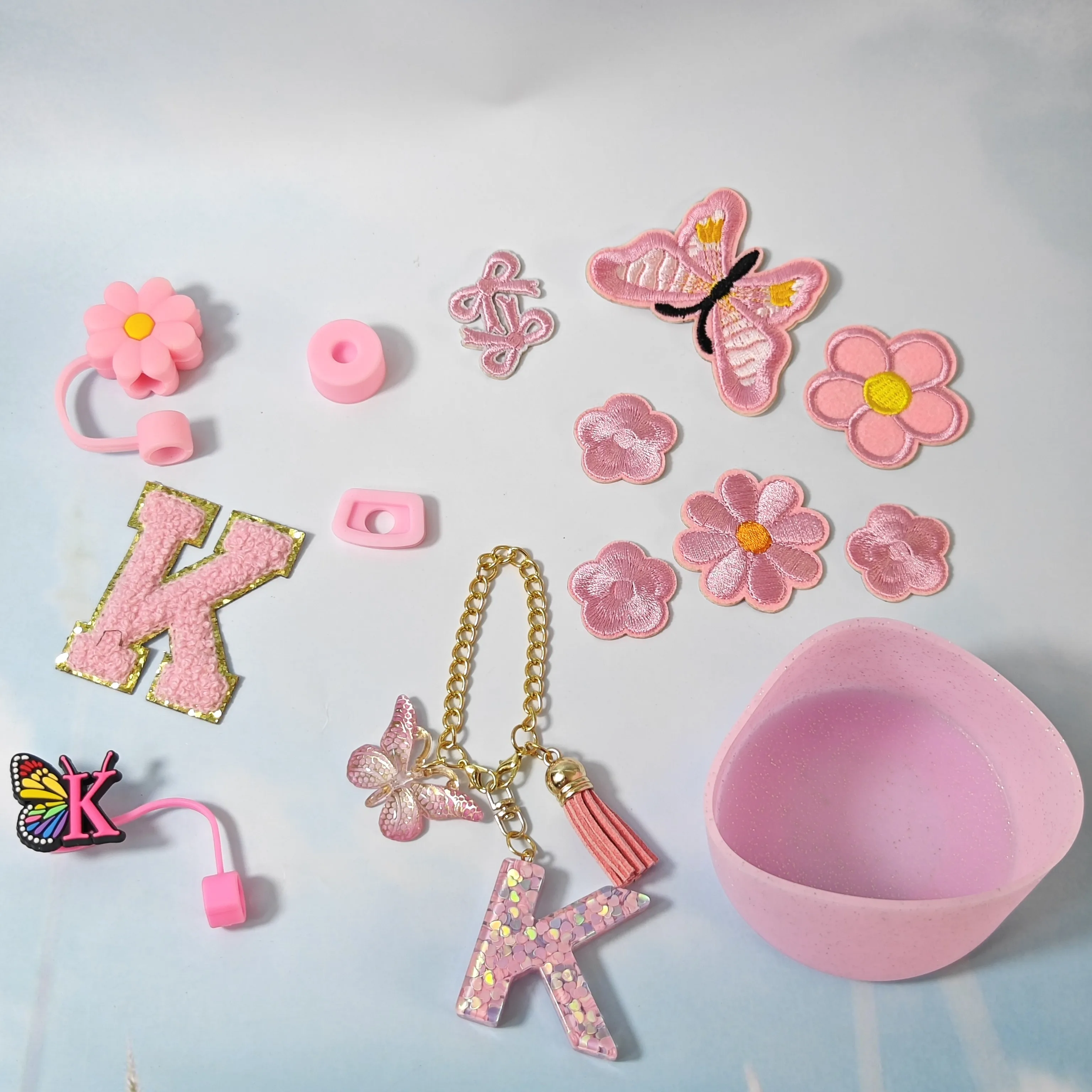 cup accessories handle rope pendant silicone flower straw cap fluffy ball pendant cup chain pink cup sleeve
