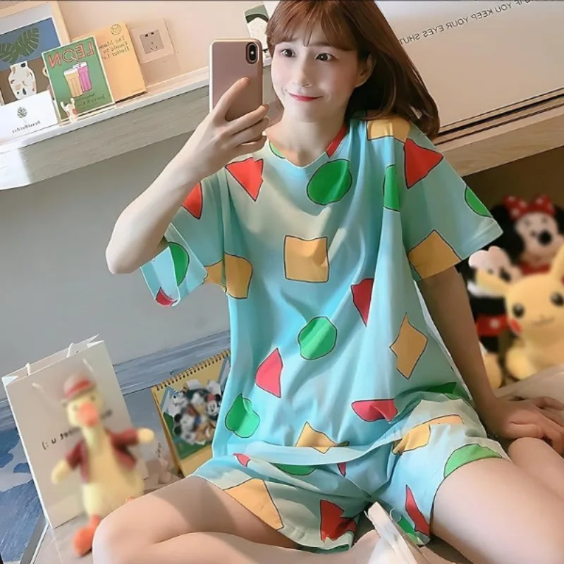 반팔 잠옷 여성 여름 만화 귀여운 기하학 잠옷 Homewear 캐주얼 풀오버 셔츠 Ladies Sleepwear Loungewear