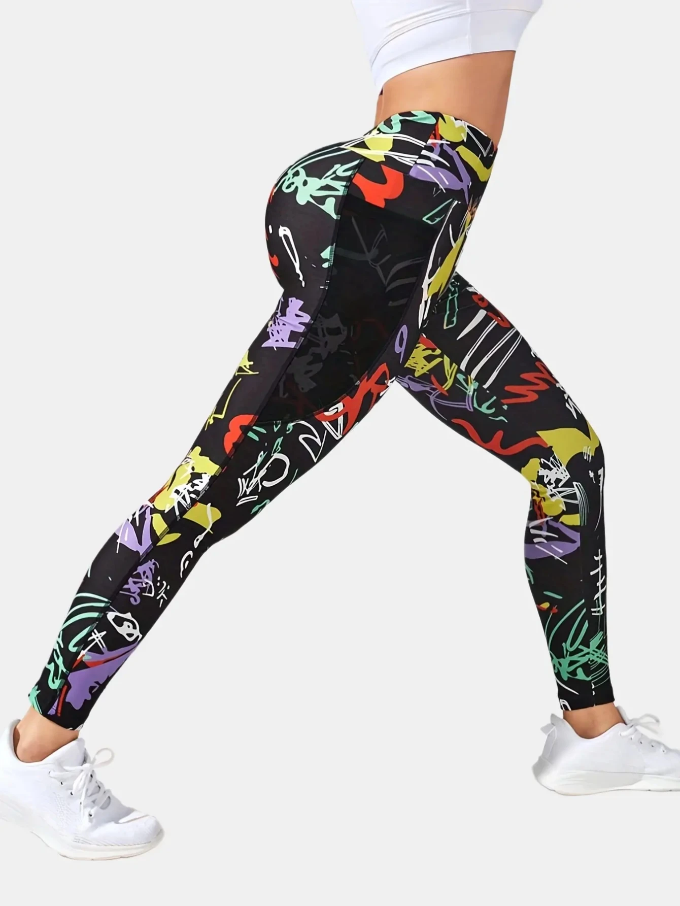 Yoga Trendy Graffiti Print Wideband Waist Sports Leggings With Phone Pocket