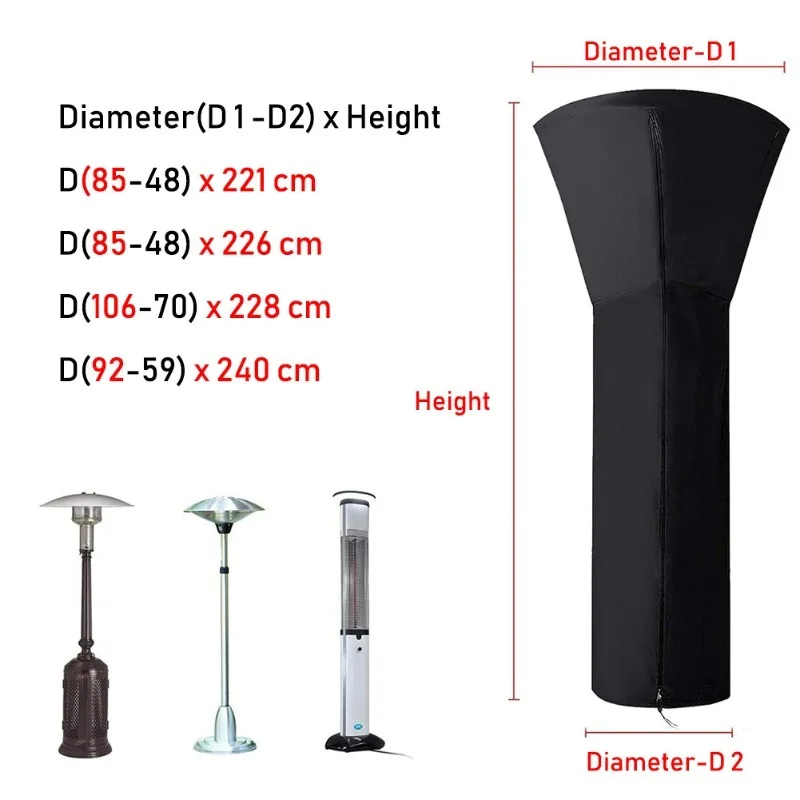 1pcs 210D Black Oxford Patio Heater Covers with Zipper Waterproof Dustproof Wind-Resistant Sunlight-Resistant Snow-Resistant
