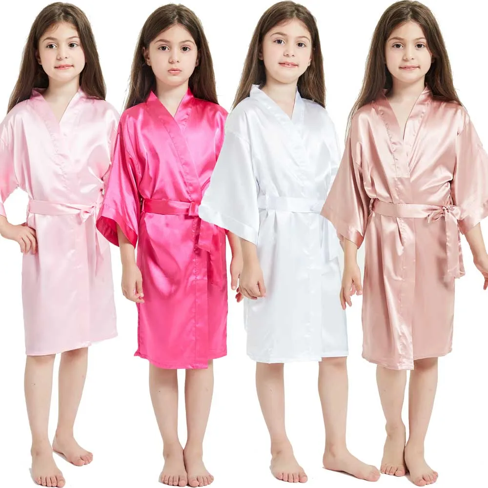 Kids Satin Robe Girls Silk‑Like Kimono Robe Bridesmaid Bathrobe for Birthday Party Spa Nightgown Children Sleepwear 3‑14Y
