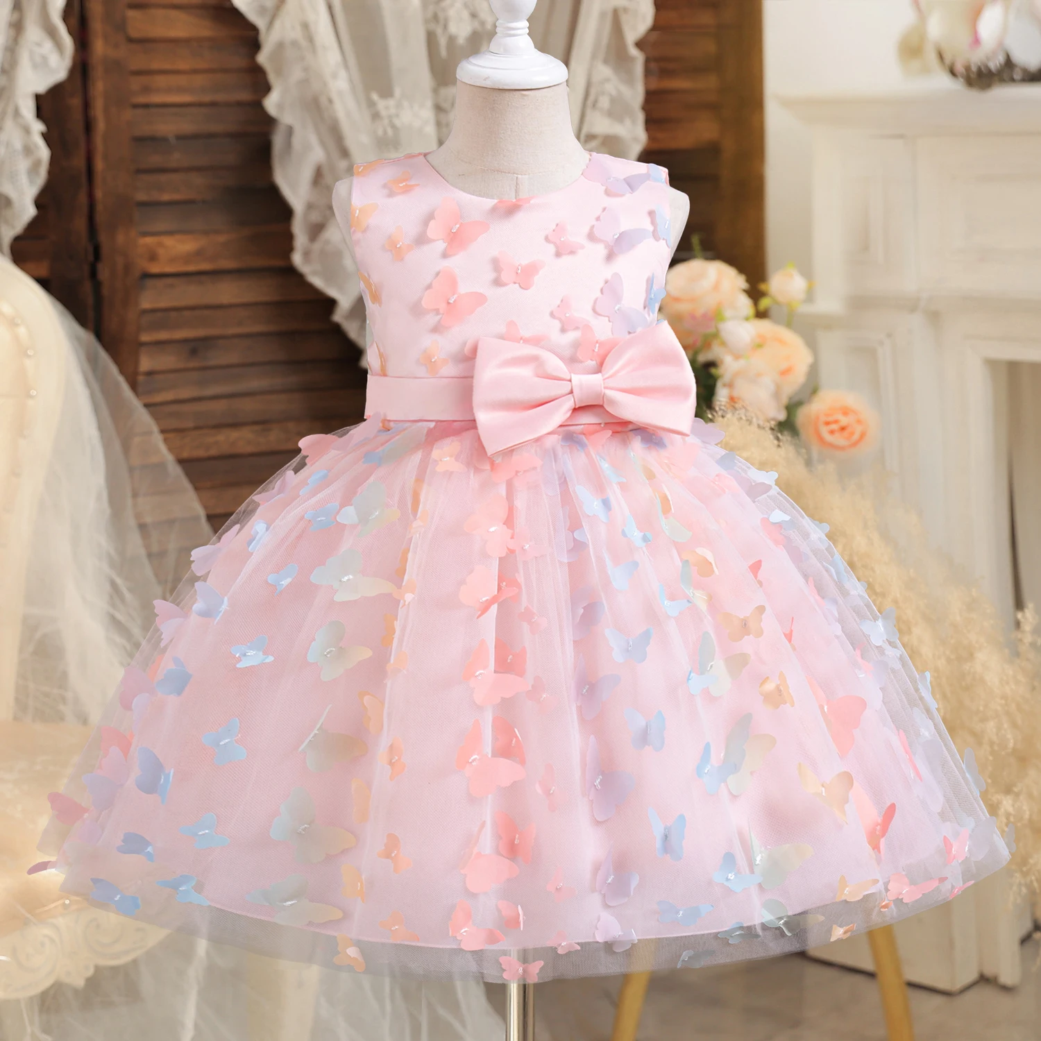 Little Girls Summer Party Dress Sequin Sleeveless Dress for Girls Princess 3D Butterfly Mesh Tutu Children Birthday Wedding Gown