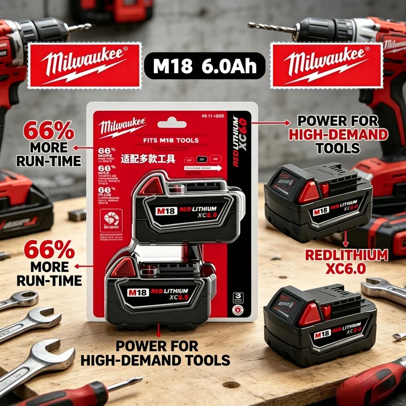 

100% M18 Milwaukee 18V 6000mAh Lithium-Ion Battery, Heavy Duty Rechargeable Pack M18B6 M18B5 for Milwaukee Cordless Power Tools