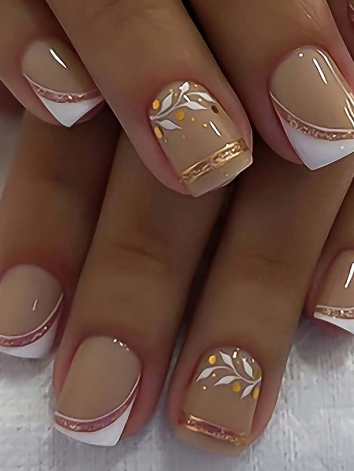 

French Manicure Nail Stickers, Short Square Nude Fake Nails, White French Pointed Tip with Minimalist Gold Line. Glossy Gel Acrylic Manicure. Reusable. Nail Art Supplies.