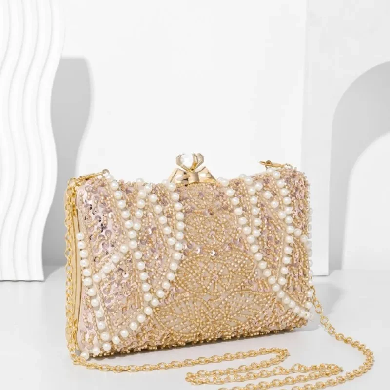 Luxury Diamond Pearl Embroidery Dinner Bag Ladies Clutch Bags Wedding/birthday/christmas Party Hand Bags Apricot Evening Purse