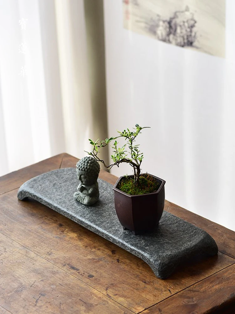 Stein-Teekannenuntersetzer aus Natürlichem Schwarzem Basalt, Handgefertigtes Künstlerisches Zen Kung Fu Teezeremonie-Accessoire, Heimischer Teetisch-Dekor 38x12cm – Detail 8