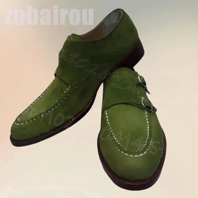 

Green Sewing Design Double Monk Buckle Loafers Fashion Slip On Men Shoes Luxury Handmade Party Banquet Dating Men Casual Shoes