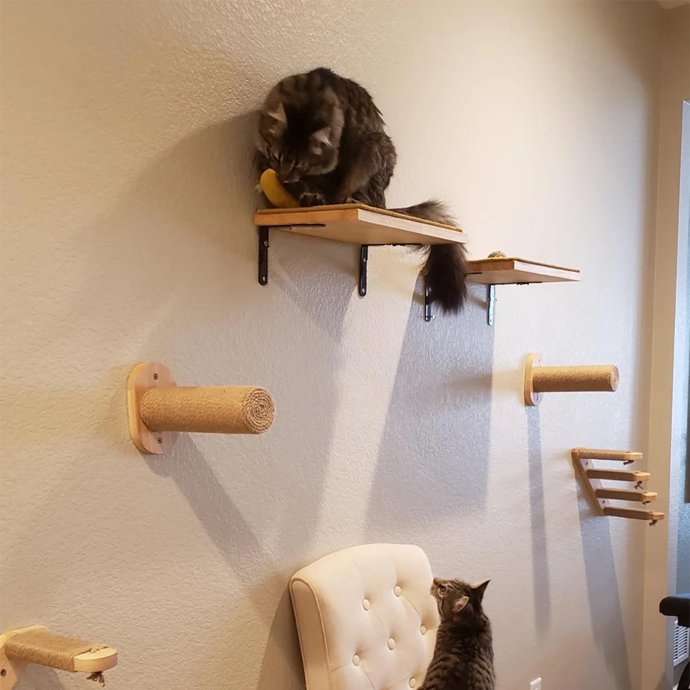 Hamaca para gatos montada en la pared, plataforma de salto para descanso con poste rascador para escalar y moler garras, suministros para gatos, 1 unidad