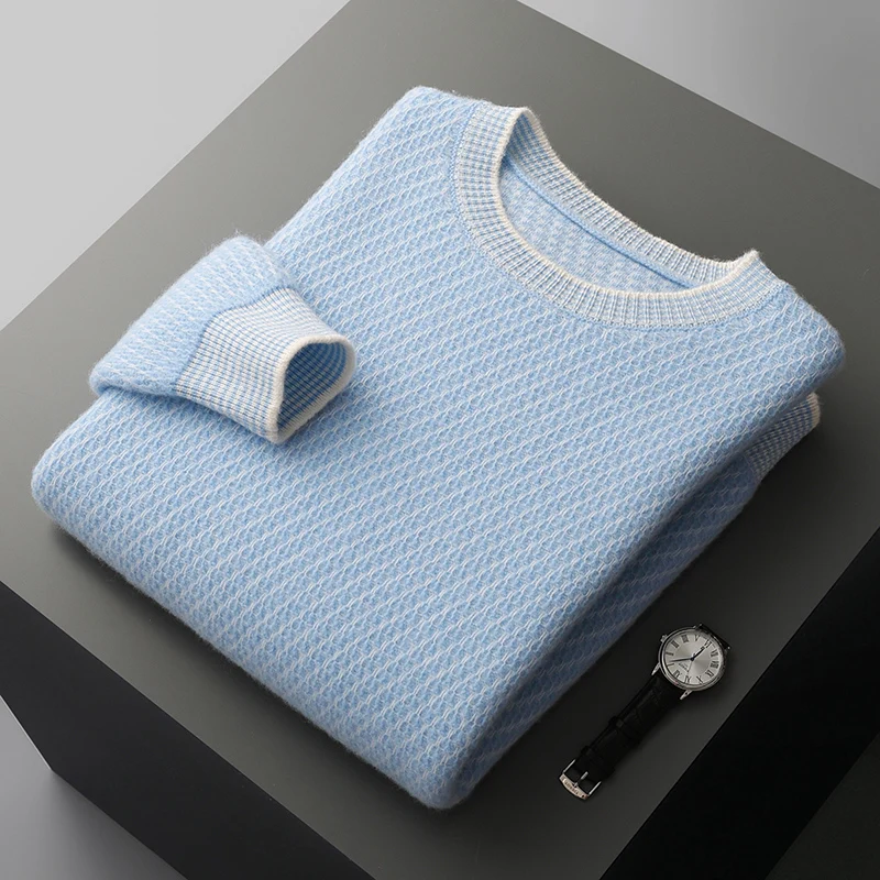Autumn and winter new 100% pure woolen sweater men's crewneck double thick jacquard cashmere sweater sweater sweater bottoms