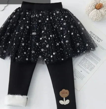 Children Clothing 2023 Girl Winter Plush and Thickened Skirt Pants Mesh Skirt Hem Fake Two-piece Leggings Children Fashion Pants