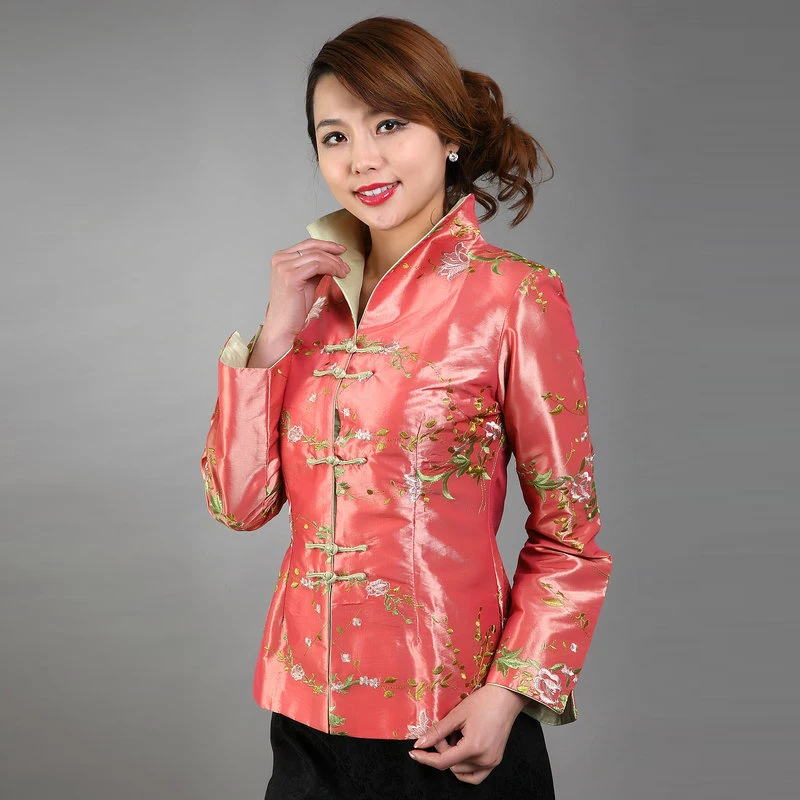 

Women Vintage Tunic Coat Pink Red Beige Green Butterfly Love Flower Embroidery Mandarin Button Design Jacket Chinese Aesthetics