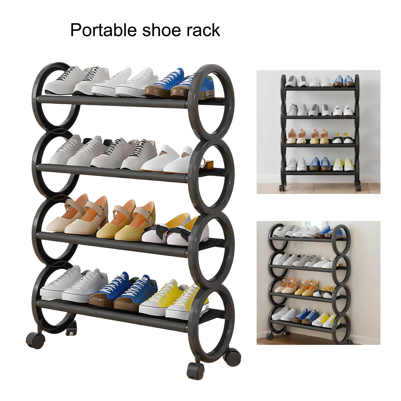 

4-Tier Expandable Shoe Rack with Wheel Storage Holder Adjustable Shelf (Black)