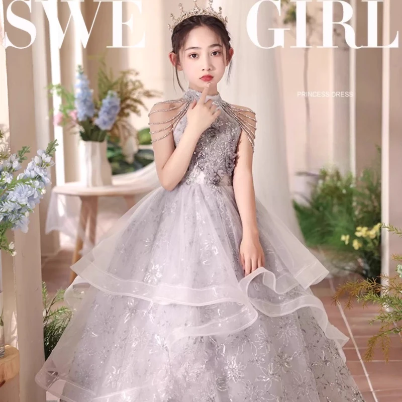 

Свадебный костюм с цветочным узором для девочек, платье принцессы для фортепиано, детское вечернее платье для торжественного праздника, детское платье