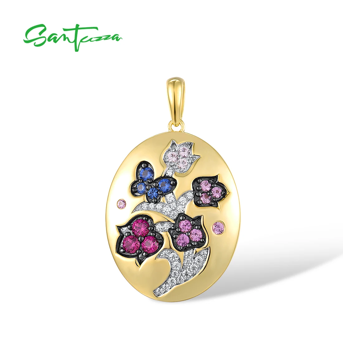 SANTUZZA 925 Sterling Silver Flower & Butterfly Pendant For Women Created Ruby/ Pink Sapphire White Cubic Zirconia Fine Jewelry