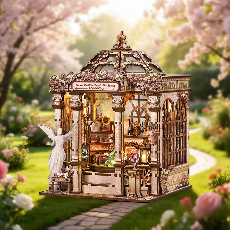 DIY Wooden Flower Pavilion Beside The Spring Cottage Figurines Miniatures Kits Casa for Friends Birthday Gifts Home Decor Crafts