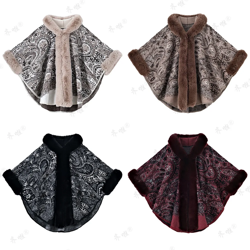

Ethnic Style Large Size Hooded Shawl Cloak for Women New Style Rabbit Fur Bohemian Outer Cloak