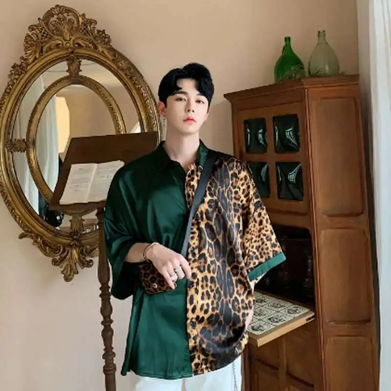Patchwork Men Shirts With Leopard Summer Nightclub 2025 Oversize Vintage DJ Singer Punk Silk Shirt Stage Costume