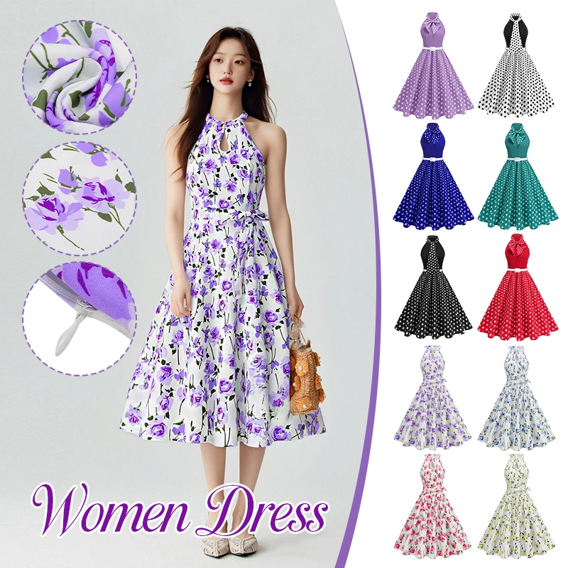 

Women Retro Floral Polka Dot Dress Temperament Sleeveless A-Line Swing Dress Spring Autumn New Year Cocktail Party Dress