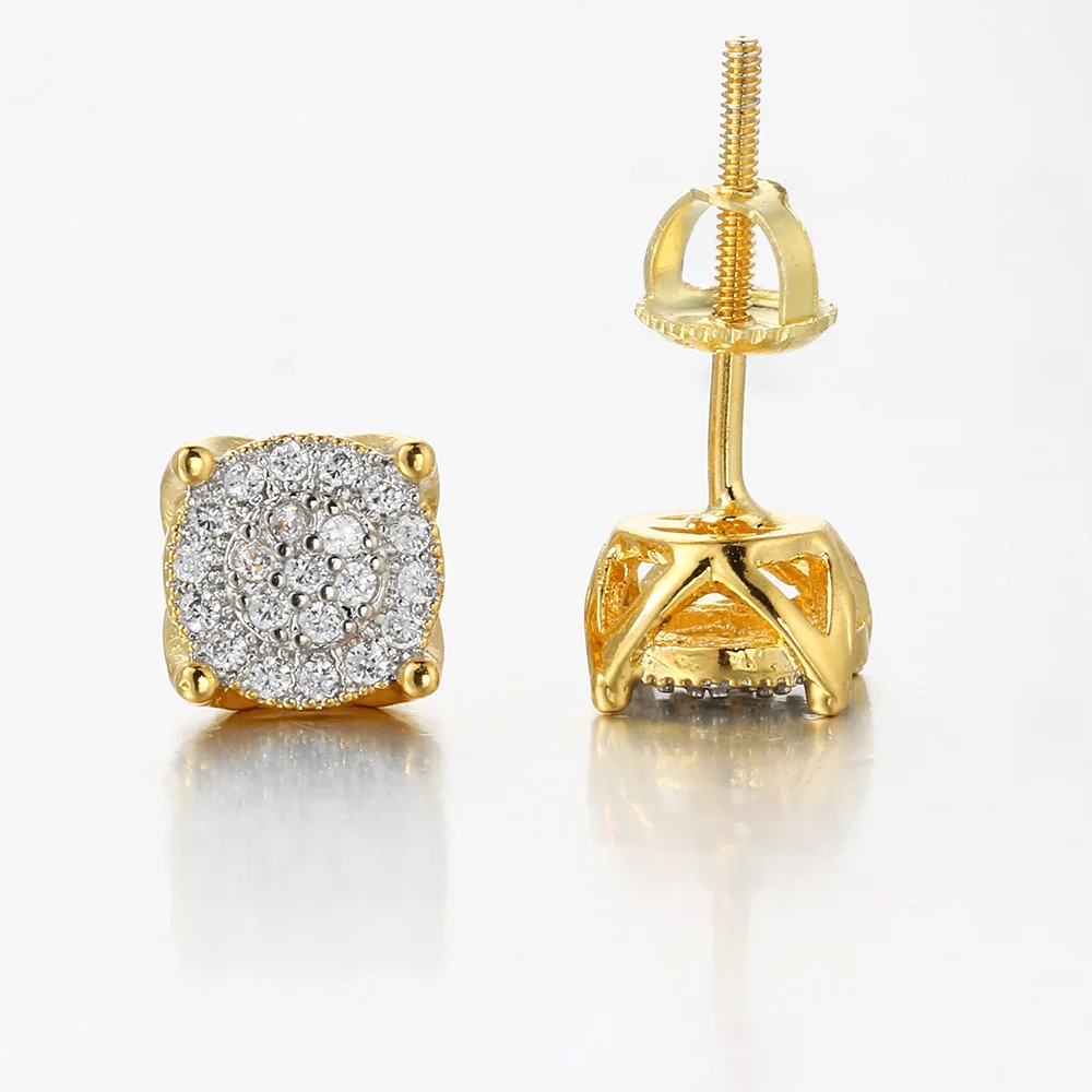 Hip Hop Men\'s Earrings Iced Out Zircon Gold Color Punk Simple 4 Claws Round Screw Ear Studs Rock Jewelry Gifts OHE181
