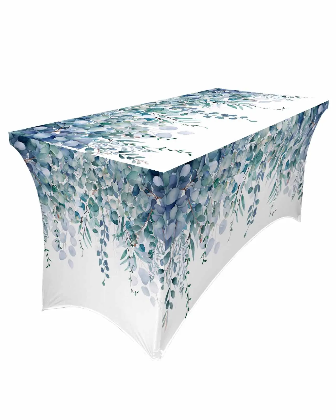 Spring Hand-Painted Eucalyptus Leaves  Elastic Table Skirt Wedding Birthday Table Decoration Table Skirt Tablecloth for Party