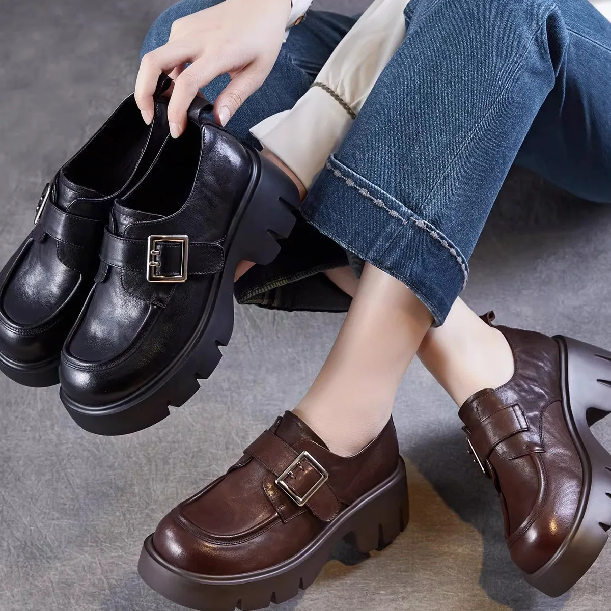 

Genuine Leather Loafers Women's Fashion Thick Bottom British Style round Toe mid Heel Deep Mouth Casual Shoes Luxury Flats