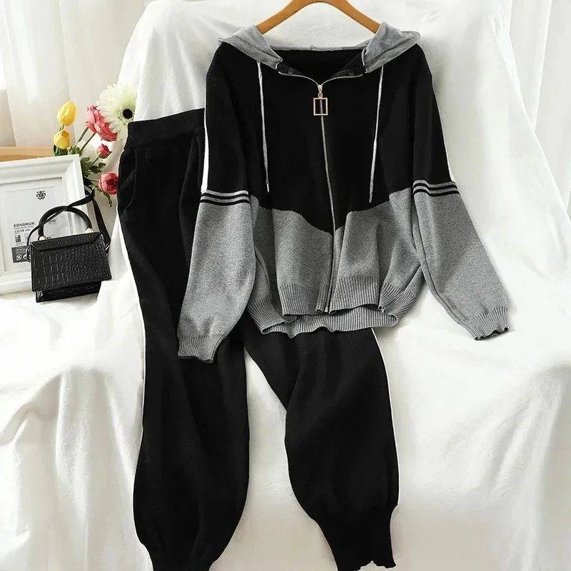 

Fashion Knitted Tracksuit Women Zipper Splice Hooded Cardigan and Stripe Ankle Banded Pants Korean Style Two-Piece Suit N544