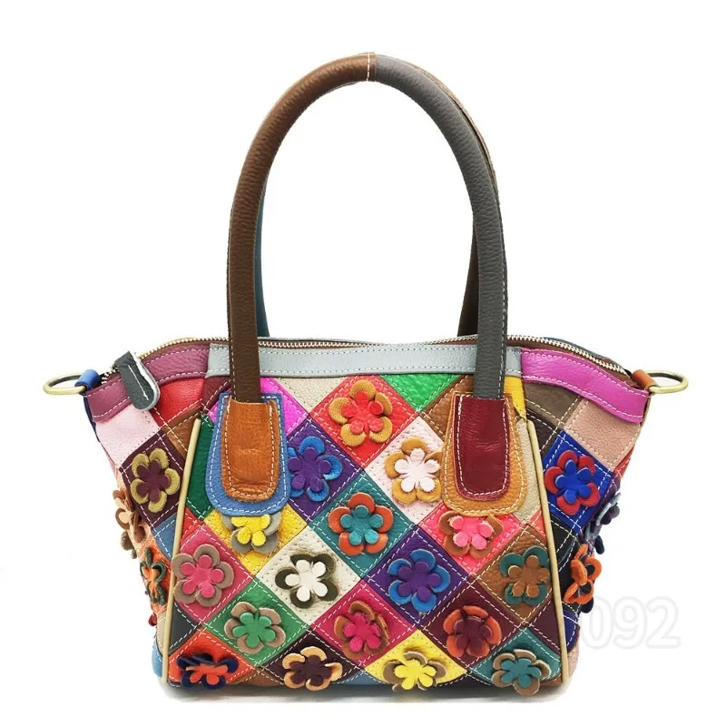 

New Colorful Women's Handbag Flower Fashion Women's Shoulder Bag Genuine Leather Handmade Stitching Women's Bag High Quality