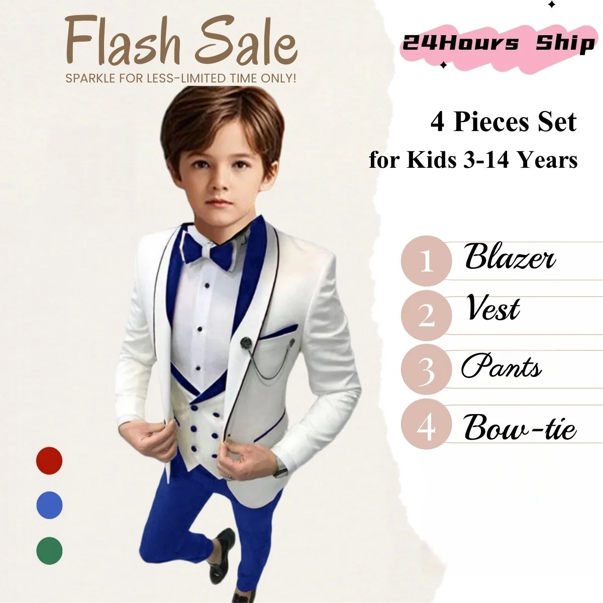 

Complete Boys Formal Set 4 Pieces Kids Pageant Suit Set 3T-14 Children Wedding Guest Tuxedo Blazer Pants Vest Bowtie In Stock
