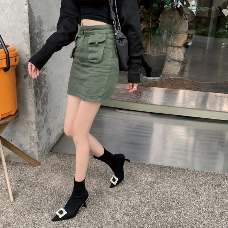 Women's Pointed Toe Sock Boots 2026 French Style High Heels Autumn Winter Slimming Ankle Boots Chic Short Boots for Small Frame