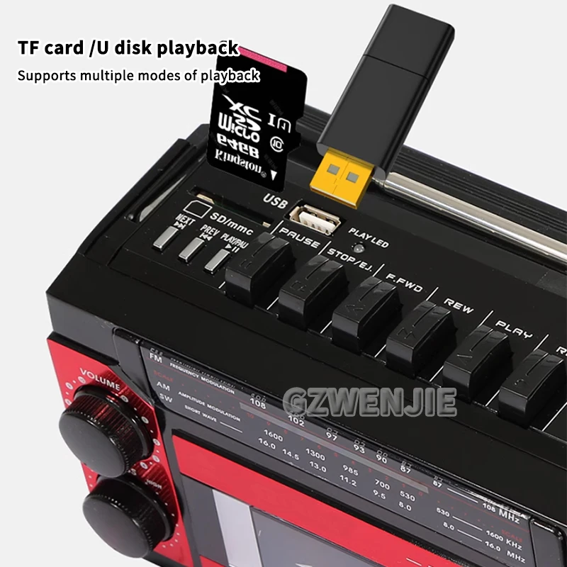 Portable Vintage Retro USB AM/FM/SW Multiband Radio Stereo Wireless Bluetooth Boombox Mp3 Audio Cassette Tape Player Recorder