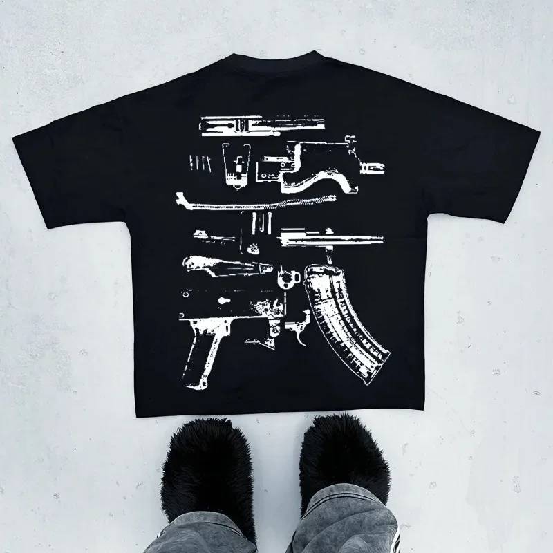 New Summer Men Harajuku Machine Gun Alphabet Graphic Print Y2K Cotton T-shirt Hip Hop Grunge Goth Oversized O-Neck Short Sleeve