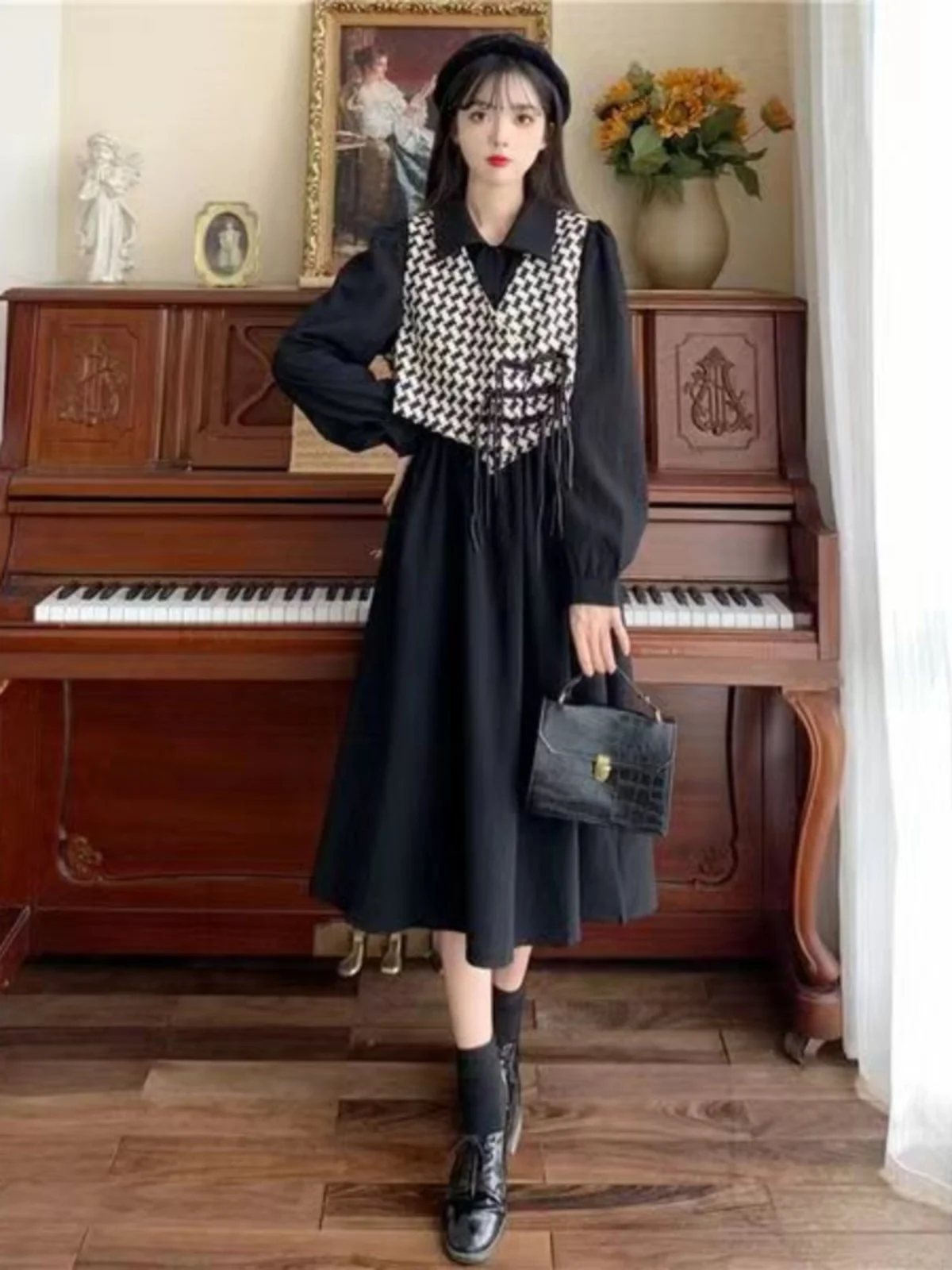 Plus Size 300 Pou Dr Set Autunno Inverno Carne Sciolta Nascondere Gilet scozzese irt Dr Set a due pezzi Faion cinese da donna