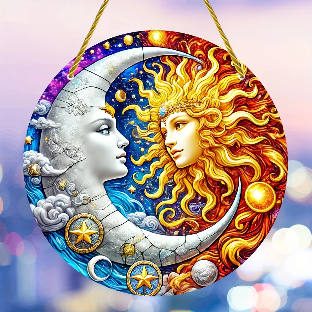 Mythical Sun and Moon Catcher - Round Acrylic Stained Glass Decoration, Window Pendant Art, Perfect Gift,  Sun, Moon Decoration