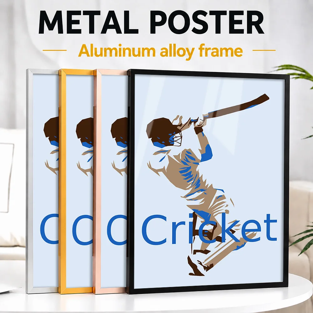 Cricket Player Vintage Silhouette Framed Aluminum Metal Poster Customized Photo Period Inspired Style Wall Art For Living Room
