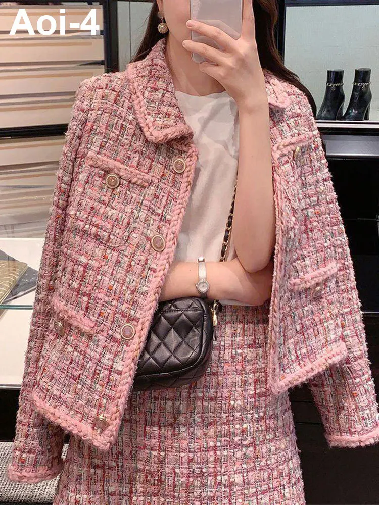 Fashion Elegant Pink Tweed Suit Women 2023 Autumn Winter Doll Collar Long Sleeve Single-Breasted Coat+A-Line Skirt Two-Piece Set