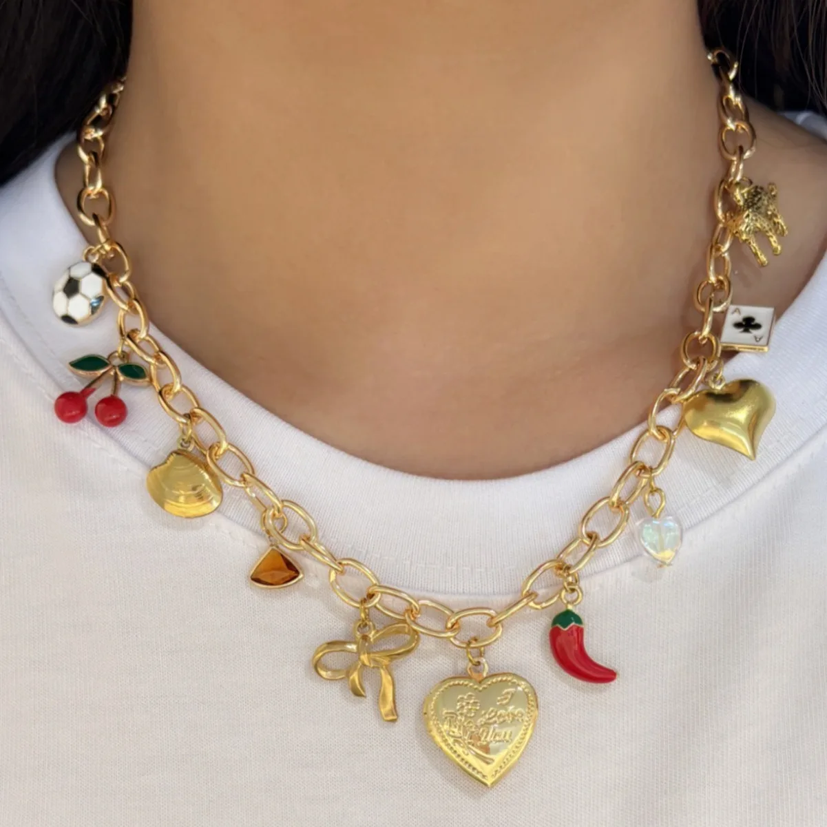

New Stainless Steel Heart Bow Cherry Chili Pendant NecklaceFor Women Men Creative Clavicle Chain Choker Charms Jewelry Gifts
