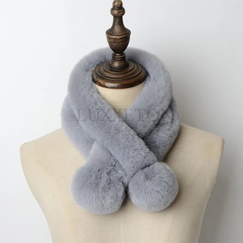 Children Scarves Women Autumn and Winter New Fur Rabbit Fur Thick Warm Scarves Solid Color Fur Balls Cross Students LUXXETON