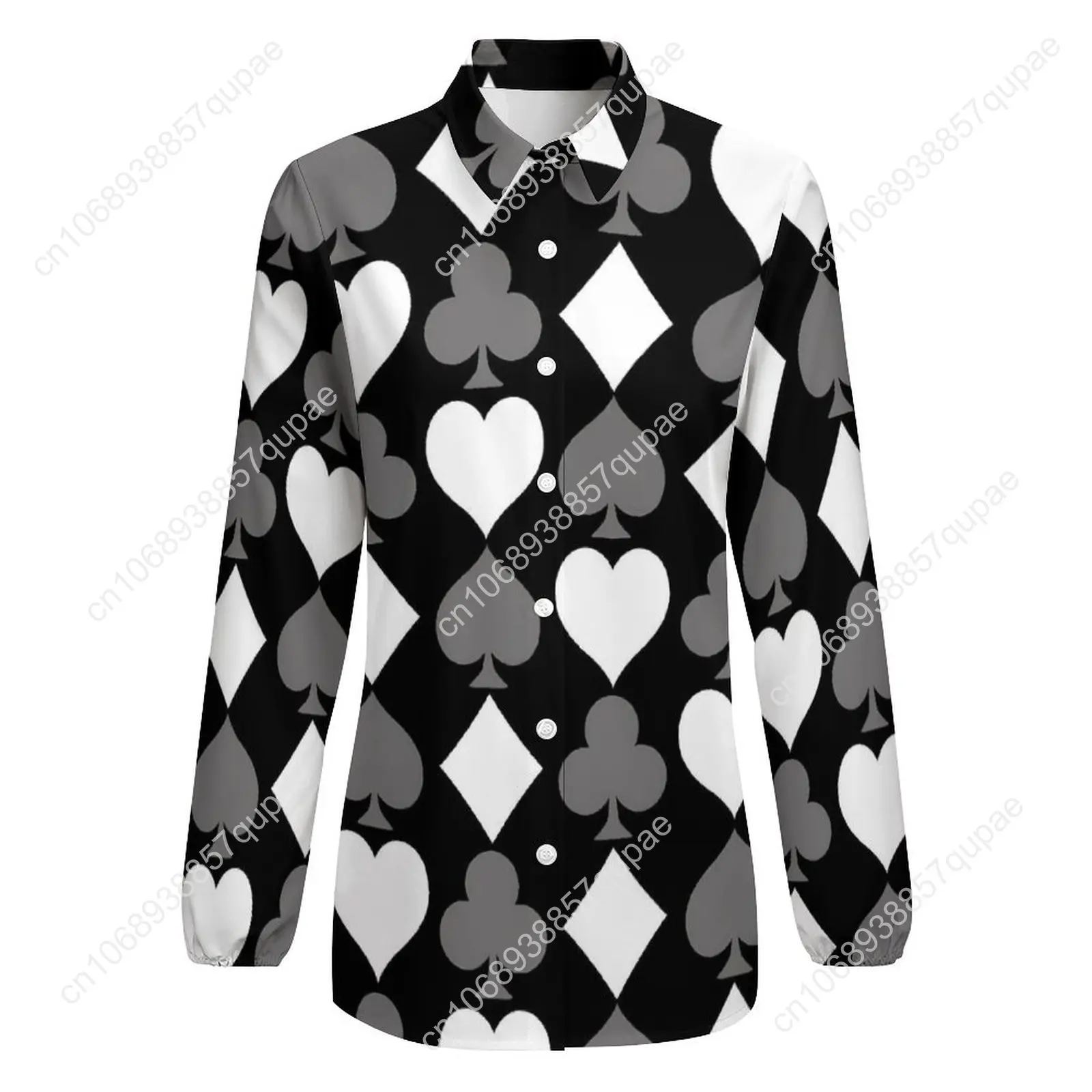 Poker Cards Print Blouse Female Card Suits Casual Loose Blouses Long-Sleeve Modern Shirt Printed Clothing Large Size