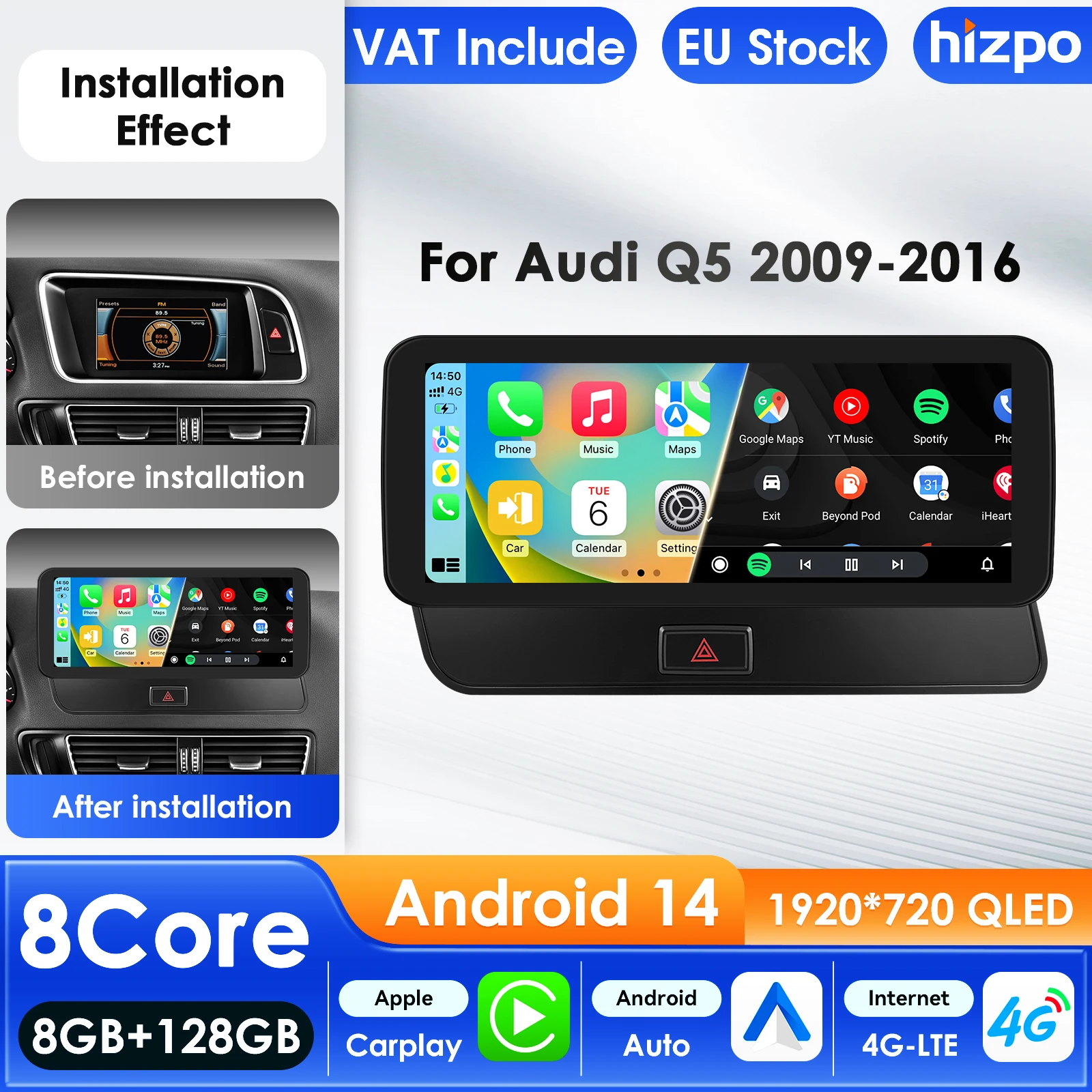 Hizpo AI Stimme WIFI 4G-LTE Android 14 Autoradio für Audi Q5 2009-2016 Multimedia Video Player GPS 2din BT Autoradio Carplay FM