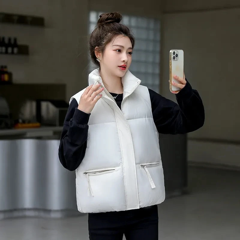 

2023 Women Cotton Vest Casual Stand Collar Sleeveless Waistcoat Autumn Winter Thick Warm Zipper Padded Vest Jacket Female Outwea