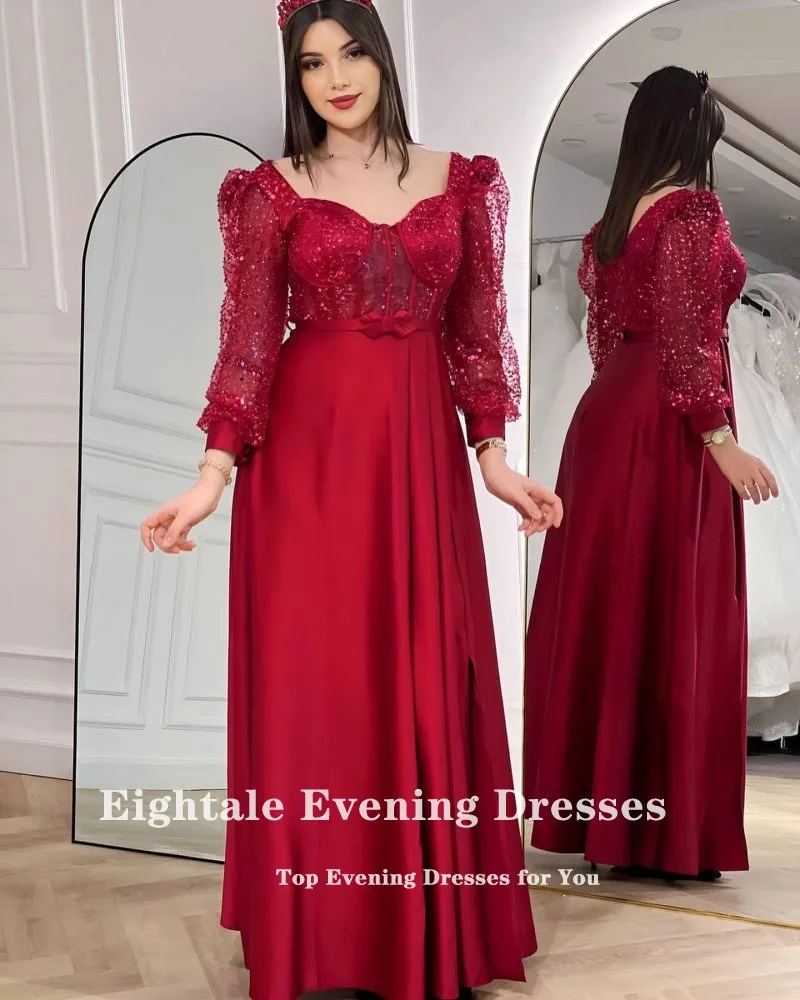 Eightale Elegant Evening Dresses Shiny Sequin Long Sleeves A-Line Prom Party Gown Side Slit Arabic Wedding Vestidos De Fiesta