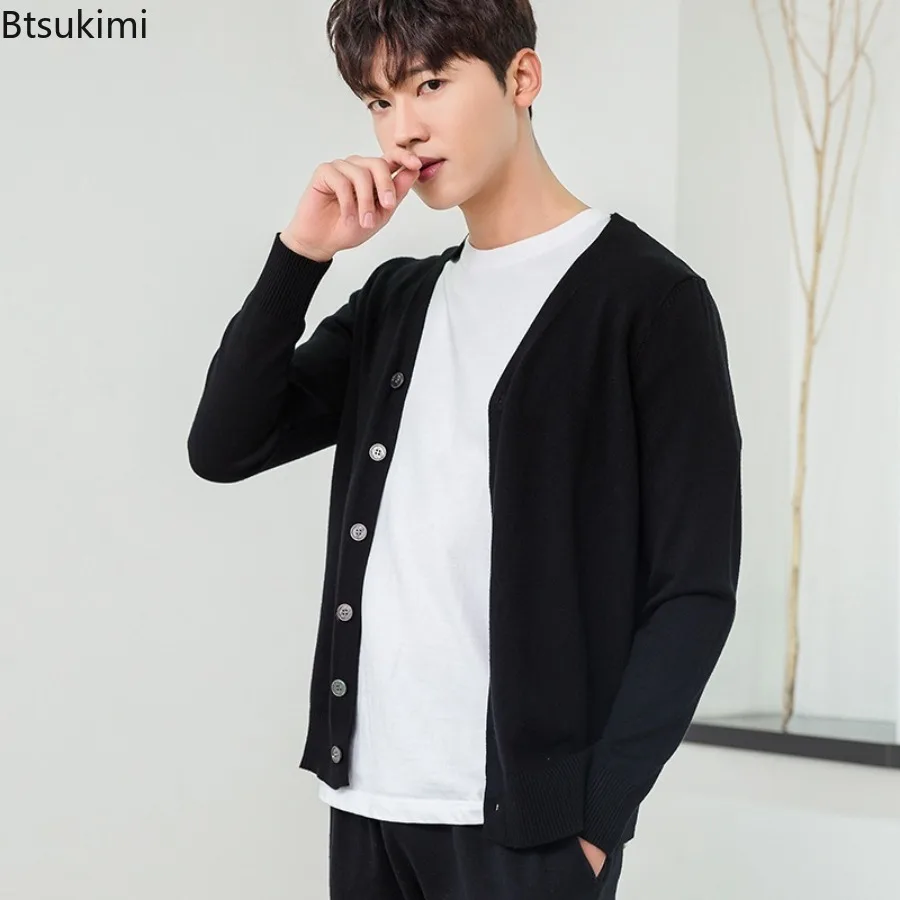 Spring and Autumn Men's Knitwear Blend Cardigan Outerwear V-Neck Solid Color Warm High Quality Basic Comfort Clothing for Men